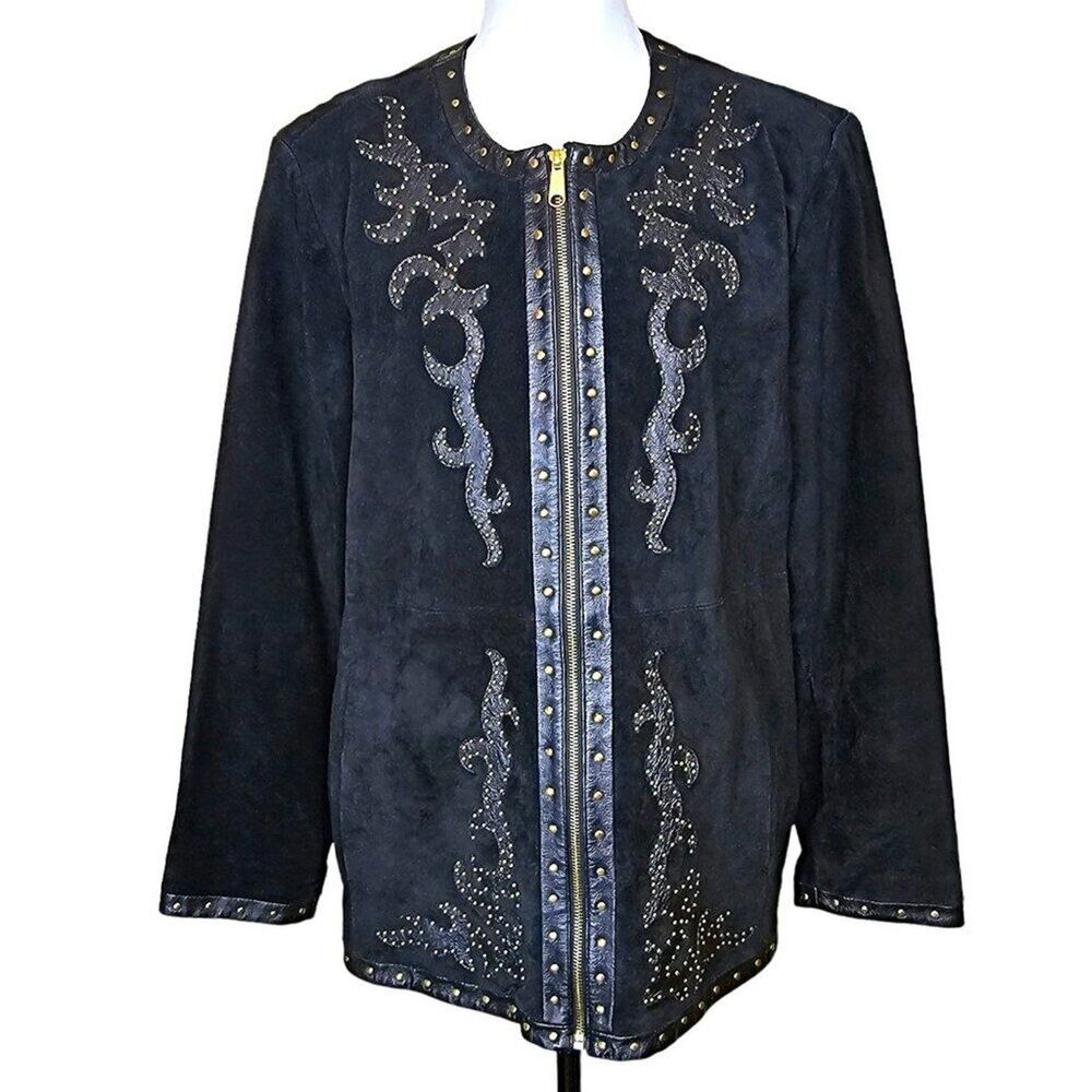 Linea Black Suede, Leather & Studded Full Zip Jacket Size 1X